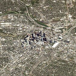Aerial view of central Houston, showing Downtown and surrounding neighborhoods, March 2018