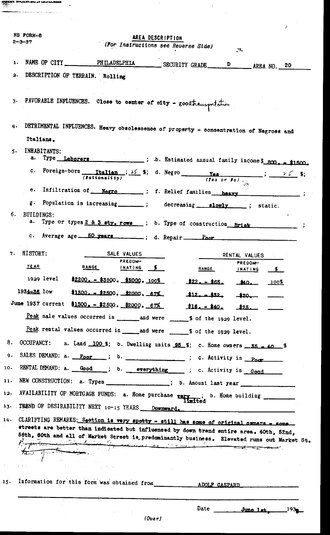 Page of HOLC document from Philadelphia redlining map. Zone D20, one of the red areas. It lists the 'Detrimental Influences' as a "concentration of Negros and Italians."
