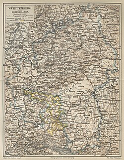 Map of the Kingdom of Württemberg and the Province of Hohenzollern in 1890