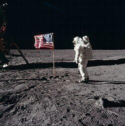 Buzz Aldrin salutes the US flag on the lunar surface