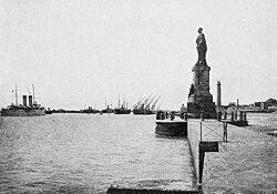 Port Said entrance to Suez Canal, showing De Lesseps' statue
