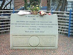 Memorial to the 1989 Hillsborough disaster at the stadium. The disaster resulted in a modernisation of English stadiums.