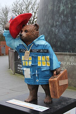 Doctor Who-themed Paddington Bear statue at the Royal Observatory, London, in 2014. Designed by the Twelfth Doctor Peter Capaldi, it was auctioned for the National Society for the Prevention of Cruelty to Children (NSPCC).
