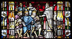 Stained-glass window in Carlow Cathedral, showing Saint Patrick preaching to Irish kings