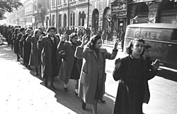 Jewish women being arrested on Wesselényi Street in Budapest during the Holocaust, c. 20–22 October 1944