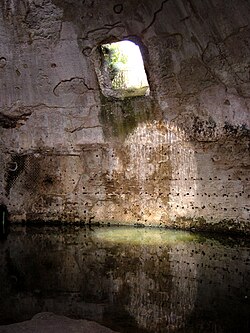 Inside the "Temple of Mercury" at Baiae, a swimming pool for a Roman bath, built during the late Roman Republic,[303] and containing one of the largest domes in the world before the building of the Pantheon