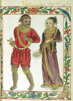 A couple portrayed in 1590's Early Spanish colonial period of the Philippines, draped in gold