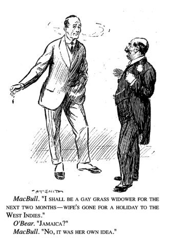 Punch, 25 February 1914. The cartoon is a pun on the word "Jamaica", which pronunciation is a homonym to the clipped form of "Did you make her?"[1][2]