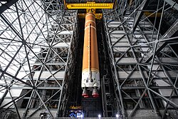SLS core stage for Artemis II lifted into High Bay 2 of the Vehicle Assembly Building shortly after stacking operations began in December 2024