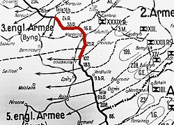 Map of the Michael offensive showing in red the section of the British front that was not assaulted frontally; its defenders were to be encircled by the attackers on their flanks.[77]