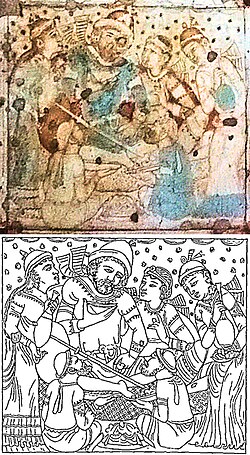 Foreign dignitary drinking wine, on ceiling of Cave 1, at Ajanta Caves, possibly depicting the Sasanian embassy to Indian king Pulakesin II (610–642), photograph and drawing[122]