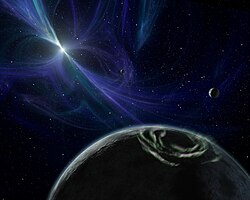An artist's conception of the pulsar planet PSR B1257+12 C, with bright aurorae