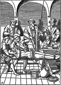 An engraved depiction of water torture (1556)