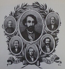 Mitre's cabinet: Gelly y Obes, Minister of War and Navy; Lucas González [es], Minister of Finance; Guillermo Rawson, Minister of the Interior; Rufino de Elizalde, Minister of Foreign Affairs and Worship; and Eduardo Costa, Minister of Justice and Public Instruction. (Drawing by H. Meyer).