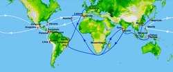 16th-century trade routes prey to privateering: Spanish treasure fleets linking the Caribbean to Seville, Manila-Acapulco galleons started in 1568 (white) and rival Portuguese India Armadas of 1498–1640 (blue)