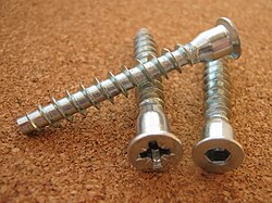 A close-up of confirmat screws. They are widely used in particle board furniture.