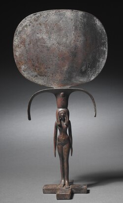 Bronze mirror with a female human figure at the base, Eighteenth Dynasty of Egypt (1540–1296 BC)