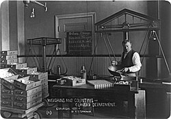 Newly minted 1897 Morgan Dollars being Weighed and Counted in the Coiner's Department, United States Mint of New Orleans