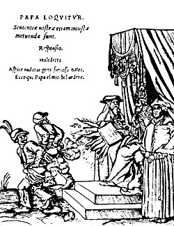 From a series of woodcuts (1545) usually referred to as the Papstspotbilder or Papstspottbilder,[9] by Lucas Cranach, commissioned by Martin Luther.[10] "Kissing the Pope's feet";[11] German peasants respond to a papal bull of Pope Paul III. Caption reads: "Don't frighten us Pope, with your ban, and don't be such a furious man. Otherwise we shall turn around and show you our rears".[12][13]