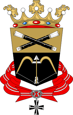 The coat of arms of Mikkeli, a city of South Savo, Finland, has been drawn up in honour of the headquarters of the Finnish Army led by Marshal C. G. E. Mannerheim; this was stationed in the city during the Winter War, the Continuation War and the Lapland War. The coat of arms was originally used without the Mannerheim Cross, and is the third coat of arms affixed to the city.[89]