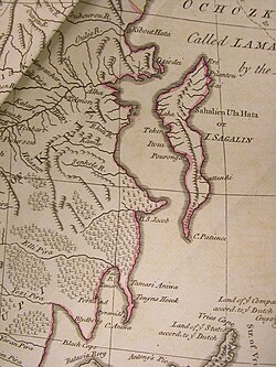 Display of Sakhalin on maps varied throughout the 18th century. This map from a 1773 atlas, based on the earlier work by d'Anville, who in his turn made use of the information collected by Jesuits in 1709, asserts the existence of Sakhalin – but only assigns to it the northern half of the island and its northeastern coast (with Cape Patience, discovered by de Vries in 1643). Cape Aniva, also discovered by de Vries, and Cape Crillon (Black Cape) are, however, thought to form part of the mainland.