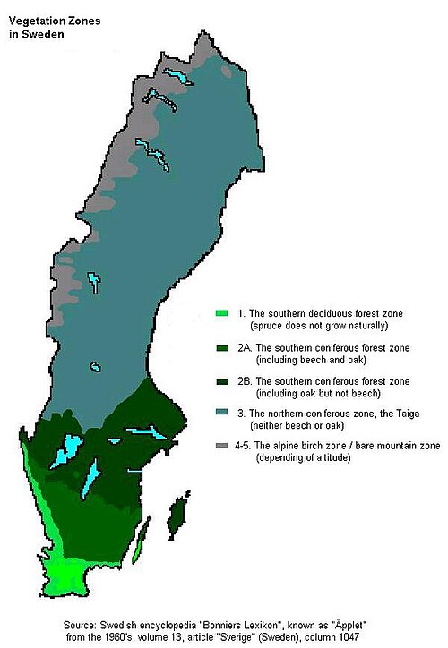 Map of Sweden's five major vegetation zones