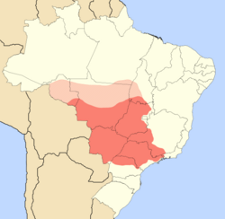 Area inhabited by the Caipira people (red) and areas where they are a considerable minority (pink) over a map of Brazil.
