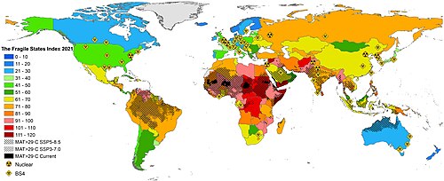 Overlap between state fragility, extreme heat, and nuclear and biological catastrophic hazards[198]