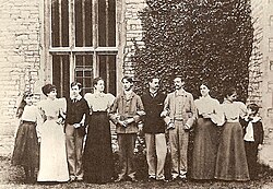 Sons and daughters of Sir Richard Strachey and Lady Strachey. Left to right: Marjorie, Dorothy, Lytton, Joan Pernel, Oliver, Dick, Ralph, Philippa, Elinor, James