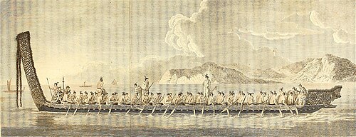 Māori war canoe (waka) drawn after James Cook's voyage to New Zealand.[48]