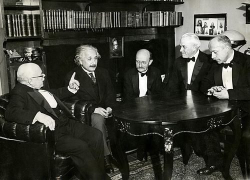 From left to right: Nernst, Einstein, Planck, Millikan, and Laue at a dinner given by Laue in Berlin on 11 November 1931.