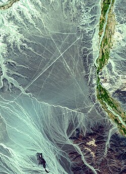 Satellite picture of an area containing lines: north is to the right (coordinates: 14°42′S 75°00′W﻿ / ﻿14.7°S 75.°W)