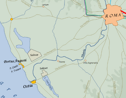 Map by Cassius Ahenobarbus, zoomed in to show the Via Portuensis, with the dual carriageway splitting close to the city of Rome. This is a very early (perhaps the first) example of a dual carriageway.