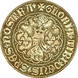 Bosnian king Tvrtko I's gold coin (14th century) reverse – with the Bosnian state fleur-de-lis coat of arms. (GLORIA TIBI DEUS SPES NOSTRA)