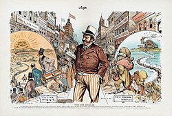 Antisemitic caricature from Judge magazine depicting negative tropes of the Jewish diaspora, including some Foreshadowing 1892.