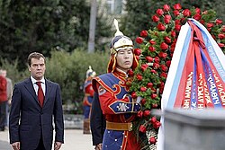 Russian president Dmitry Medvedev laying a wreath at a monument to Zhukov in Ulaanbaatar, while on a state visit to Mongolia in August 2009