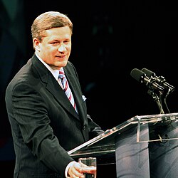 Stephen Harper, who as leader of the National Citizens Coalition challenged limits on campaign spending in Harper v Canada, and as leader of the Conservative Party of Canada opposed prisoners' voting rights after Sauvé v Canada.