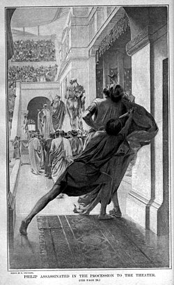 Pausanias assassinates Philip II, Alexander's father, during his procession into the theatre