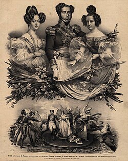 The King-Emperor with his daughter Queen Maria II (right) and his wife Amélie on the frontispiece of the 1826 Portuguese Constitution
