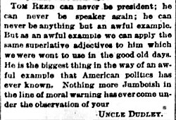 Final paragraph of a March 1891 Globe editorial discussing Thomas Brackett Reed, signed "Uncle Dudley"