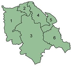 Districts of Clwyd: 1, Colwyn2, Rhuddlan3, Glyndwr4, Delyn5, Alyn & Deeside6, Wrexham Maelor