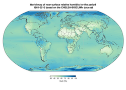 Global distribution of relative humidity at the surface averaged over the years 1981–2010 from the CHELSA-BIOCLIM+ data set[1]