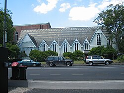 St Mary's Church. Some of the church's numerous gables, their Gothic lancet windows echoed in the design of the windows of the new cathedral immediately behind