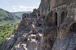 The cave city of Vardzia, with the valley of the Kura River below