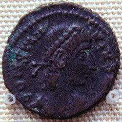 Bronze coin of Constantius II (337–361), found in Karghalik, Xinjiang, China.
