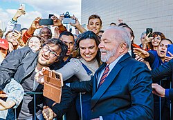 Luiz Inácio Lula da Silva, 35th and 39th President of Brazil, taking pictures with supporters at São Bernardo do Campo