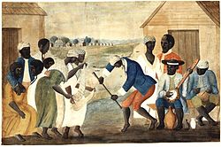 The late 18th-century painting The Old Plantation, possibly depicting African-Americans on a South Carolina plantation dancing to percussion and a banjo
