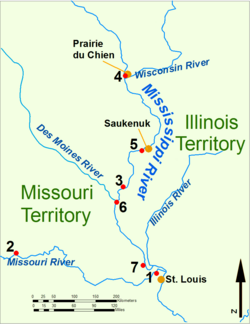 The Upper Mississippi River during the War of 1812: Fort Belle Fontaine, American headquartersFort Osage, abandoned in 1813Fort Madison, defeated in 1813Fort Shelby, defeated in 1814Battle of Rock Island Rapids, July 1814; and the Battle of Credit Island, September 1814Fort Johnson, abandoned in 1814Fort Cap au Gris and the Battle of the Sink Hole, May 1815