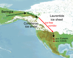 Approximate location of the ice-free corridor and specific Paleoindian sites, according to the Clovis theory