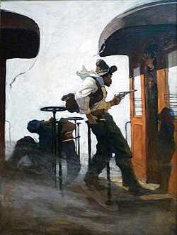 1912 painting of a gunfighter drawing and aiming his revolver.